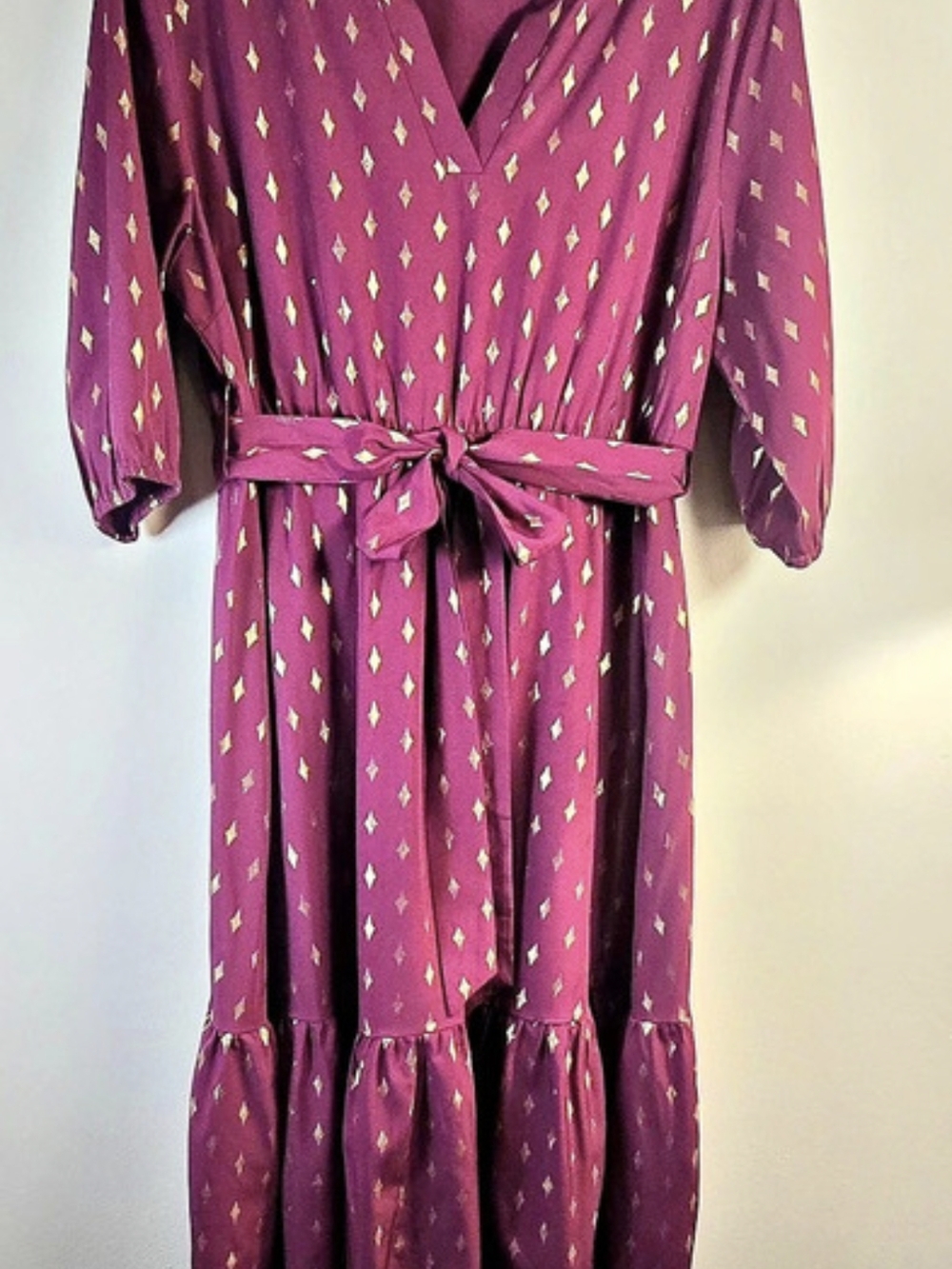 BloomChic Purple Metallic Gold Foil Diamond Midi Dress Tie Waist Size 12 L
